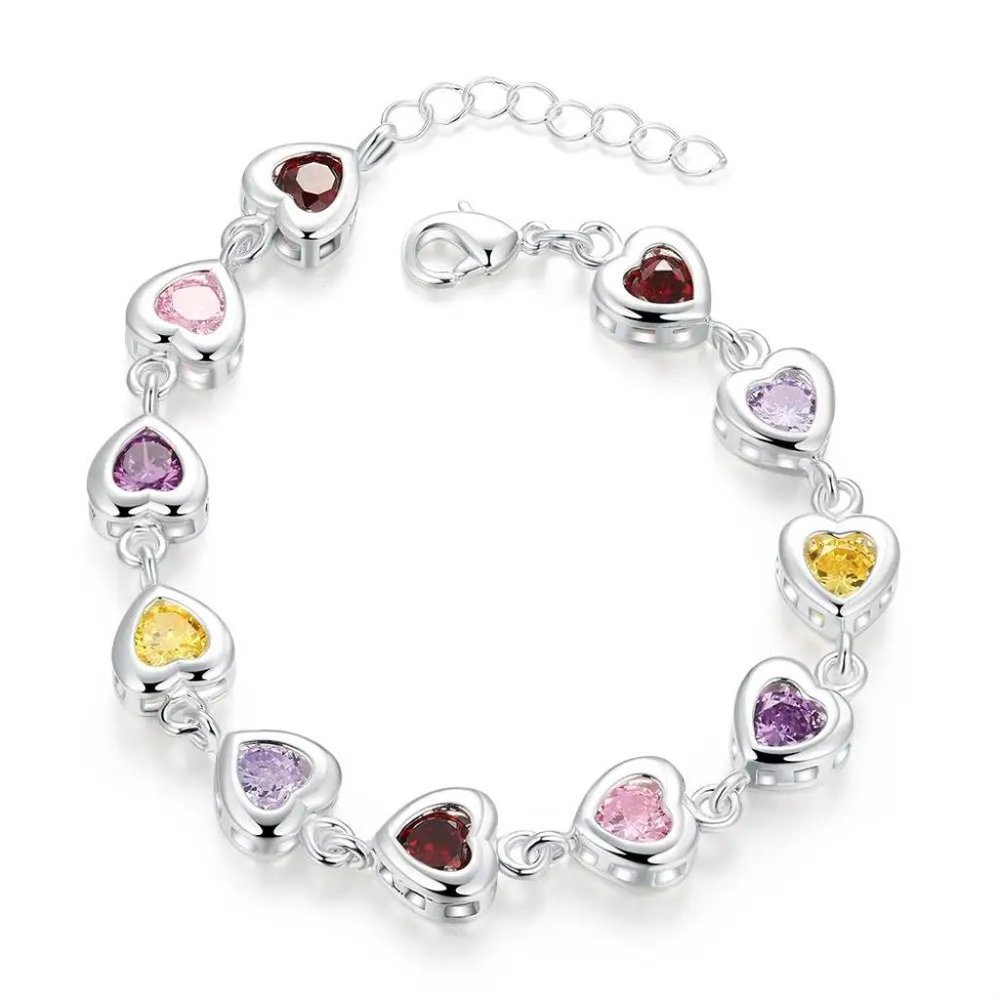 Beautiful Multi - Colored Heart Style Ladies Bracelet Stamped Sterling Silver - Picture 2 of 6